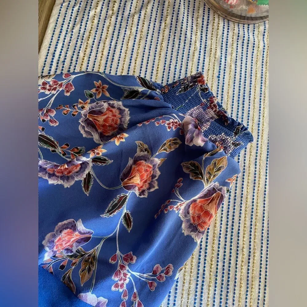 Johnny Was Jade Raine Easy Blouse Silk Blue Floral Puff Sleeve Top Sz S